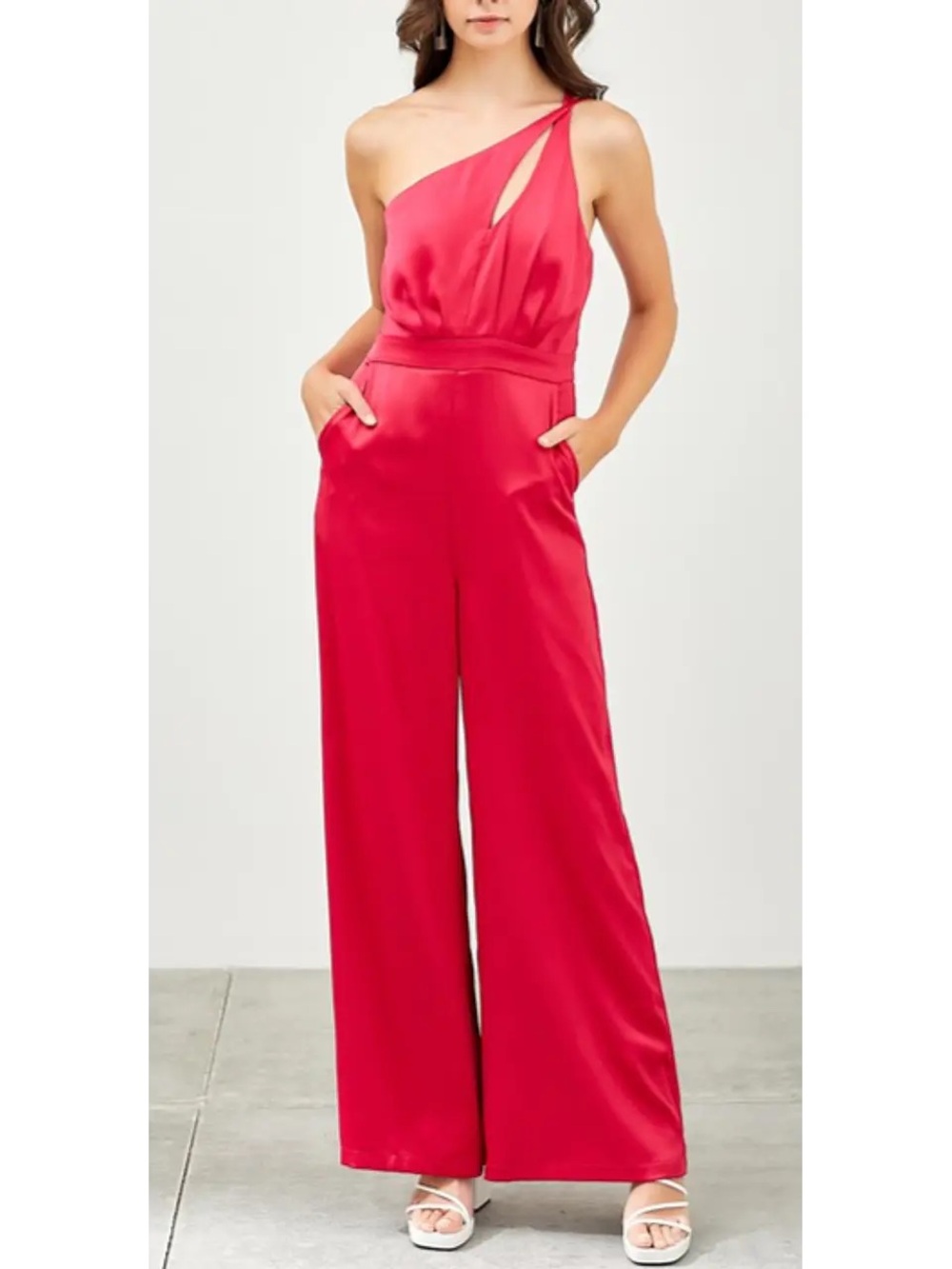 Hot Pink One-Shoulder Satin Jumpsuit